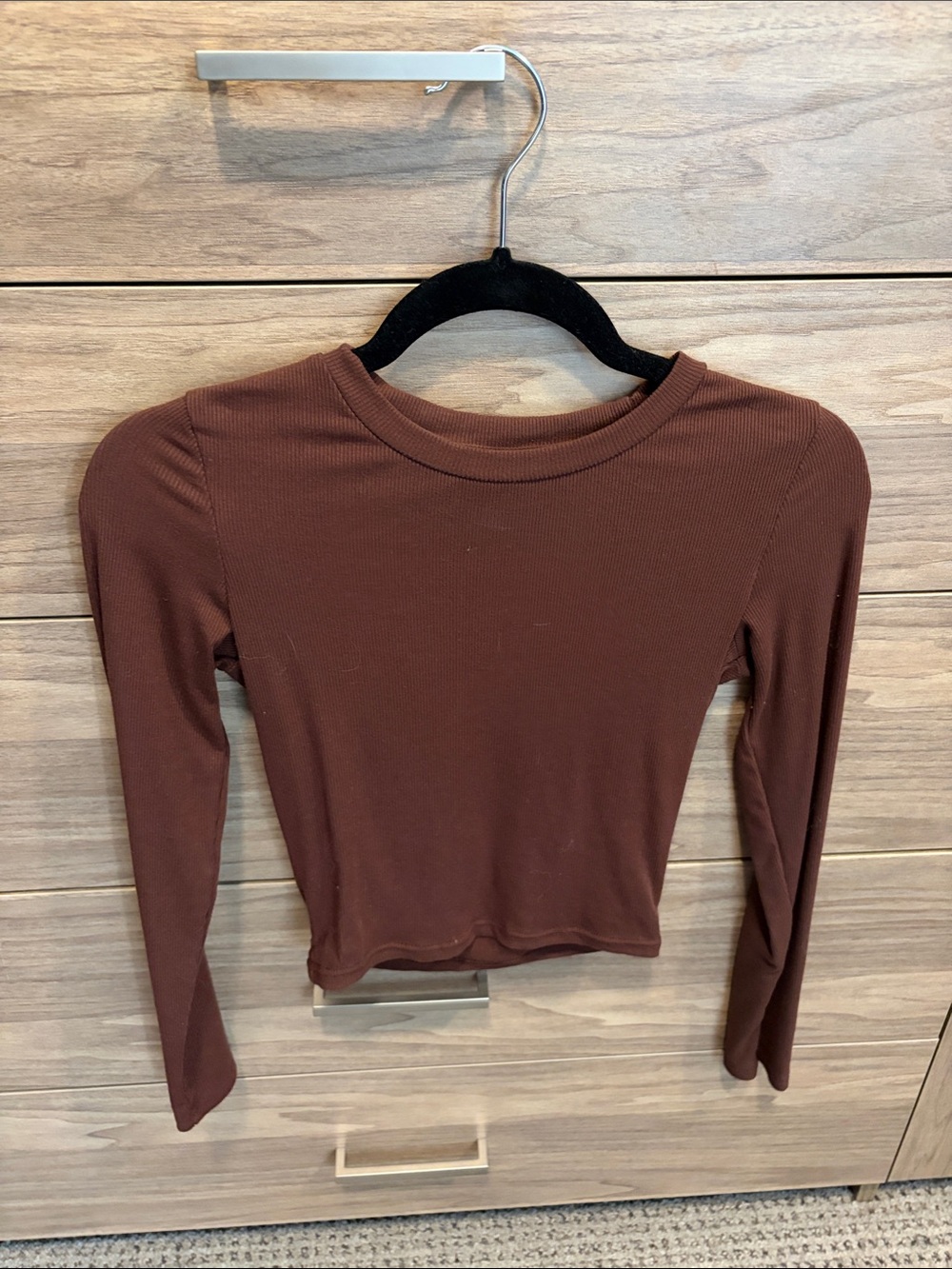 Abercrombie Long-Sleeve Crewneck Ribbed Top in Brown